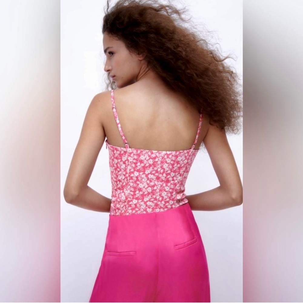 NWT Zara Pink White Floral Print Corset Bodysuit Sz S Summer Fest Beach Party - Picture 3 of 11